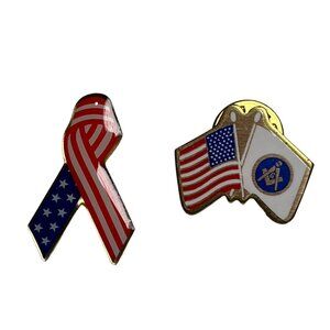 American & Massachusetts Flag Crossed Lapel Pin Set Patriotic Ribbon Pin A513